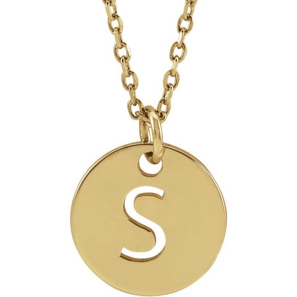 14k Yellow Gold Initial S Small 10mm Pierced Disc Necklace 16-18 In.